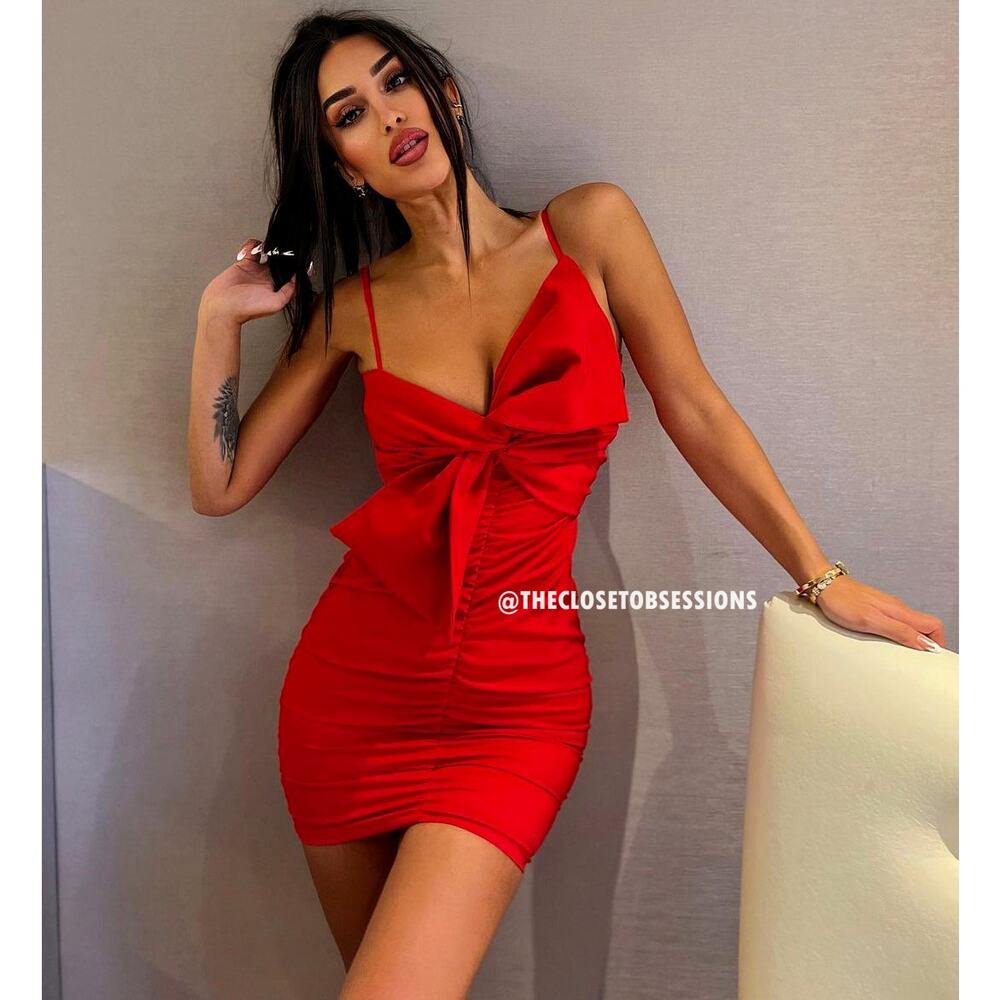 Zara Red Bow Mini Dress Ruched Bodycon Party Dress NWT - Picture 10 of 16
